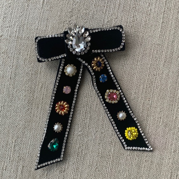 Velvet Bow Hair Barrette with Embellised Gemstones - Picture 3 of 8
